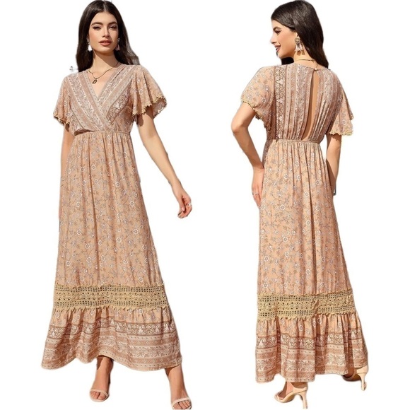 NWT Summer Boho Floral Short Sleeve Maxi Dress Flowy Lace Dress Ruffle Bohemian - Picture 1 of 6